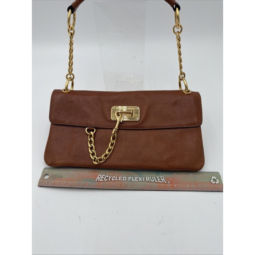 Michael Kors Genuine Leather Rectangular Med Sz Shoulder Bag Brown Gold Dust Bag - Picture 6 of 16